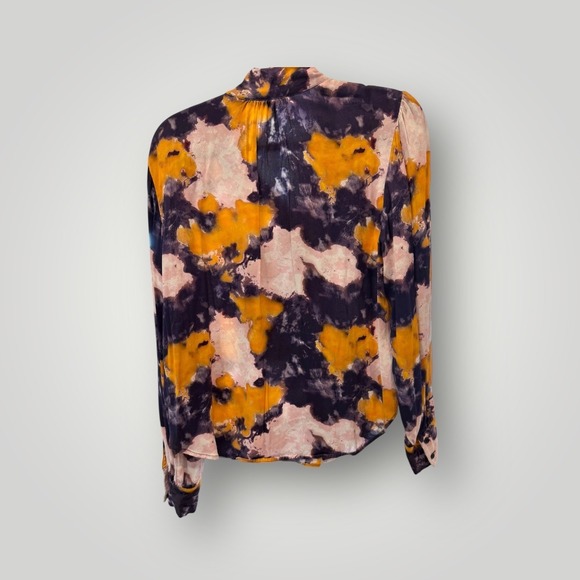 & Other Stories Abstract Tie Dye Bow Neck Blouse Mustard Navy Womens Size 8 - Picture 2 of 8